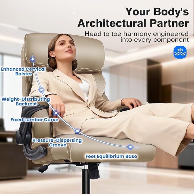 Office Chair - Executive High Back Breathable Comfy Desk Chair with Lumbar Support - Ergonomic Leather Rolling Swivel Computer Chair with Rock Function for Working Studying Gaming Relaxing