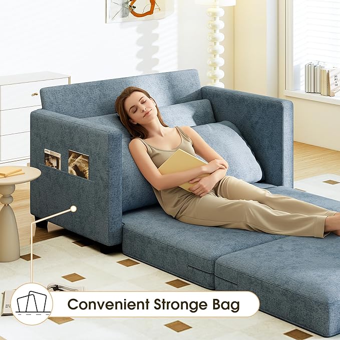 51" Convertible Loveseat Sofa Bed, 2-in-1 Folding Sofa Bed with 2 Pillow for Small Spaces, Modern Loveseat Sleeper Couch for Apartment, Living Room & Guest Room (Light Blue)