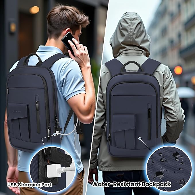 Business Backpack for Men Slim Lightweight Laptop Backpack Water Resistant Small Office Backpack for Commute Travel Daily Office Work with Small Bag (Blue)