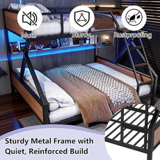 Queen over King Bunk Bed with Storage Shelves, Metal Bunk Beds with Ladders and LED Lights, Heavy-duty Bunkbed for Bedrooms, Guest Rooms and Dorms, No Box Spring Needed and Noise-free Design, Black