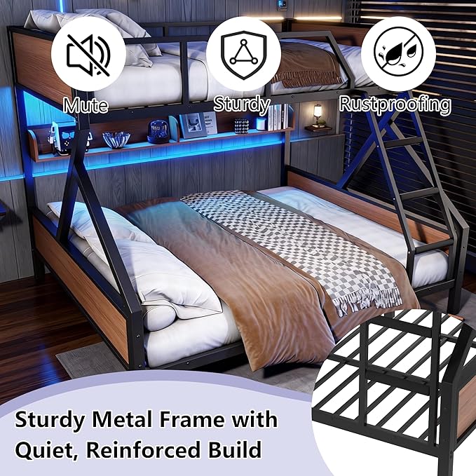Queen over King Bunk Bed with Storage Shelves, Metal Bunk Beds with Ladders and LED Lights, Heavy-duty Bunkbed for Bedrooms, Guest Rooms and Dorms, No Box Spring Needed and Noise-free Design, Black