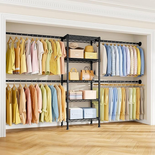Ulif M2 Wall Mounted Closet System, Clothes Rack Mounted onto the Wall with 4 Expandable Hanger Rods and 5 Metal Shelves, Clothing Organizer Storage in (70.8-102.3)" L x 14.5" D x 71.2" H, Black