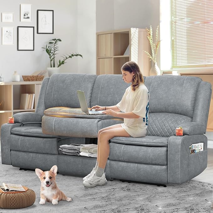 3-Seater Recliner Sofa, Manual Reclining Couch with Multi-Functional Middle Seat, Reclining Sofa for Living Room with Hidden Storage Space, Cup Holders, and Removable Console