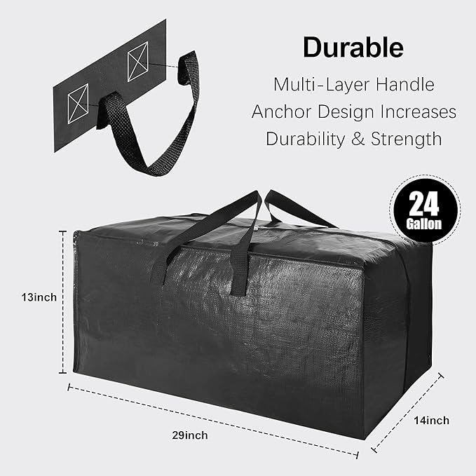 12 Pack Heavy Duty Extra Large Moving Bags W/Backpack Straps - Strong Handles & Zippers, Storage Totes For Space Saving, Fold Flat, Alternative to Moving Box and Storage Bin, Black