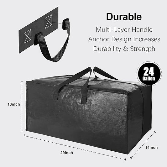 Heavy Duty Extra Large Moving Bags W/Backpack Straps - Strong Handles & Zippers, Storage Totes For Space Saving, Fold Flat, Alternative to Moving Box and Storage Bin (Set of 6, Black)