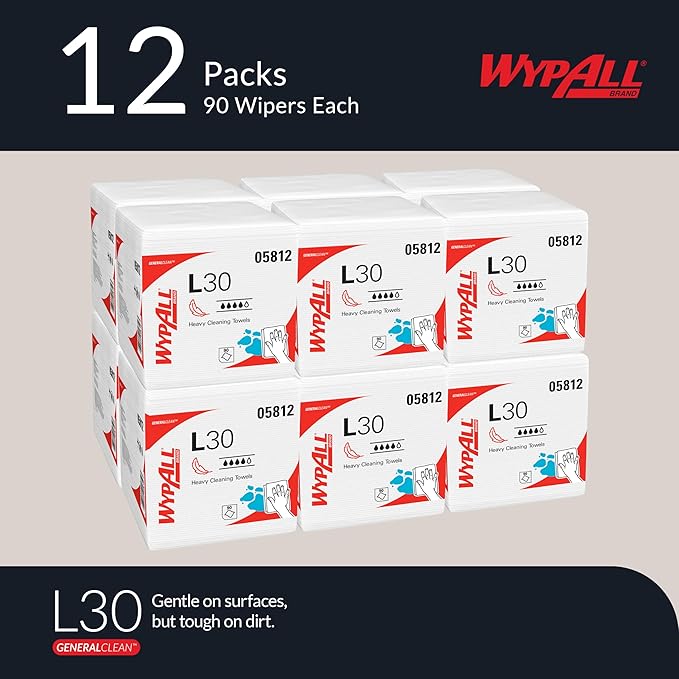 WypAll GeneralClean L30 Cloths Heavy Duty Cleaning Wipes (05812), Quarterfold, Strong and Soft Bulk Paper Wipers, White (12 Packs of 90 Sheets, 1,080 Sheet Total)