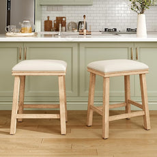 MAISON ARTS Off White Counter Height 24 inch Bar Stools Set of 2 for Kitchen Counter Solid Wood Legs with Faux Leather Padded Seat Farmhouse Barstools for 34