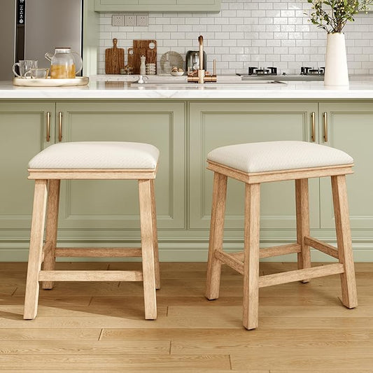 MAISON ARTS Off White Counter Height 24 inch Bar Stools Set of 2 for Kitchen Counter Solid Wood Legs with Faux Leather Padded Seat Farmhouse Barstools for 34"-38" Counter Island Upholstered Stools