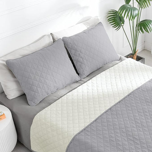 Easy-Going Twin Size Reversible Quilt Set with 1 Quilt and 1 Pillow Shams, Soft Bed Quilt Cover, Water Resistant Lightweight Microfiber Bedspread, Stain Resistant, Light Gray/Ivory