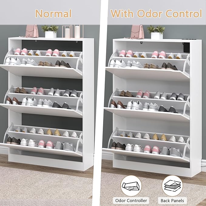 Shoe Cabinet with Odor Control and Back Panels, Deodorizing Slim 3-Flip Shoe Storage Cabinet for Entryway, Freestanding Hidden Shoe Rack Organizer for Entrance, Hallway, Bedroom