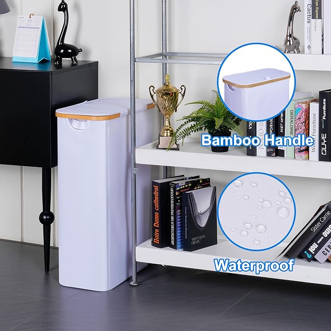 efluky Slim Laundry Basket with Lid, Narrow Laundry Hamper with Removable Bag, Skinny Dirty Clothes Basket with Bamboo Handles for Bathroom, Bedroom & Laundry Room, 75L White