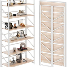 JSB No Assembly Folding Bookshelf, 6 Tier Industrial Metal Book Shelf for Storage, Vintage Wood Foldable Bookcase for Living Room, Bedroom, Office Organization Shelves