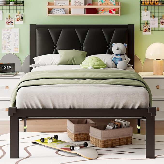 iPormis Twin Metal Bed Frame, Faux Leather Platform Bed with Button Tufted Headboard, Heavy Duty Slats Support, 12" Under Bed Storage, No Box Spring Needed, Easy Assembly, Black