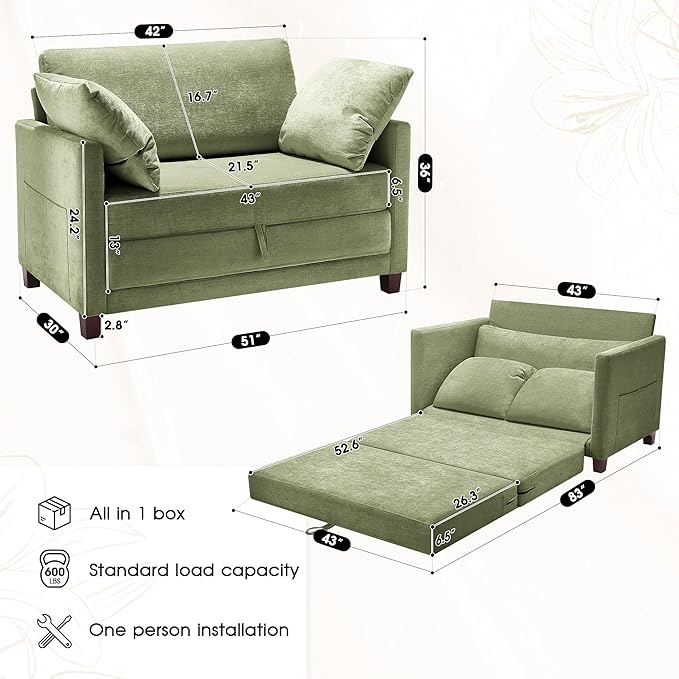 51" Convertible Loveseat Sofa Bed, 2-in-1 Folding Sofa Bed with 2 Pillow for Small Spaces, Modern Loveseat Compact Sleeper Couch for Apartment, Living Room & Guest Room (Light Green)