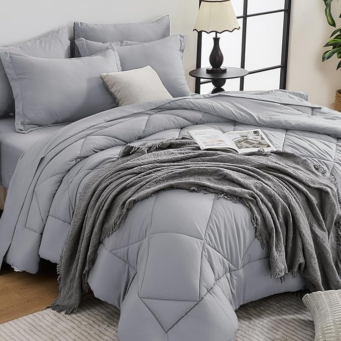 HEVUMYI Light Grey Queen Comforter Set - 7-Piece All Season Bed in a Bag Queen, Ultra Soft Bedding Set with Comforter, Flat Sheet, Fitted Sheet, Pillowcases, Pillow Shams, Light Gray