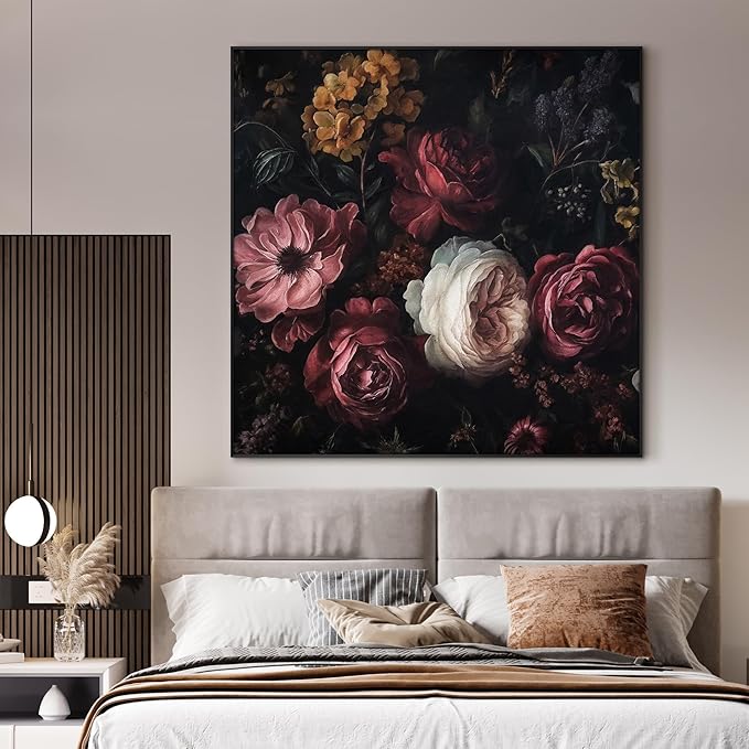 36"x36" Large Framed Wall Art - Vintage Dark Floral Romantic (Frame Assembly Required)