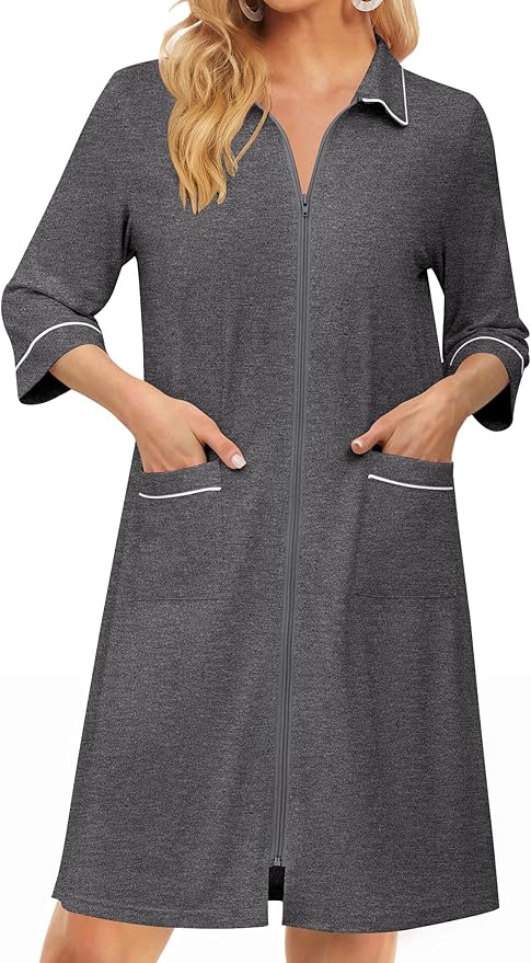 Ekouaer Zipper Robes for Women 3/4 Sleeve Housecoats Knee Length Bathrobe Lightweight Nightgown with Pockets S-3XL