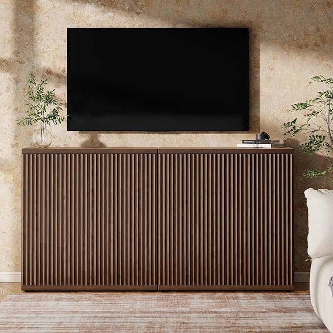Fluted Buffet Cabinet Sideboard with Storage,Wooden Credenza with 2 Doors&Adjustable Shelve, Modern Accent Cabinets Coffee Bar Bookcase for Living Room,Kitchen Dining Room Entryway 15"D Brown