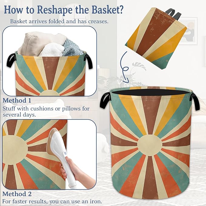 Vintage Sun Laundry Hamper With Handle,Foldable Oxford Cloth Sunrise Sunset Laundry Basket,20.8"x16" Clothes Storage Basket for Laundry Room/Bedroom/Bathroom