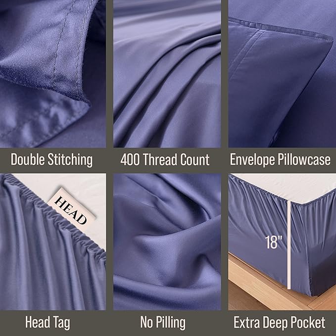 Bella Coterie 6 Piece Luxury Bamboo Viscose Queen Size Sheet Set | 100% Organically Grown | Cooling for Hot Sleepers | 18" Deep Pocket | Soft & Hypoallergenic | 4 Pillowcases [Twilight Blue] BC
