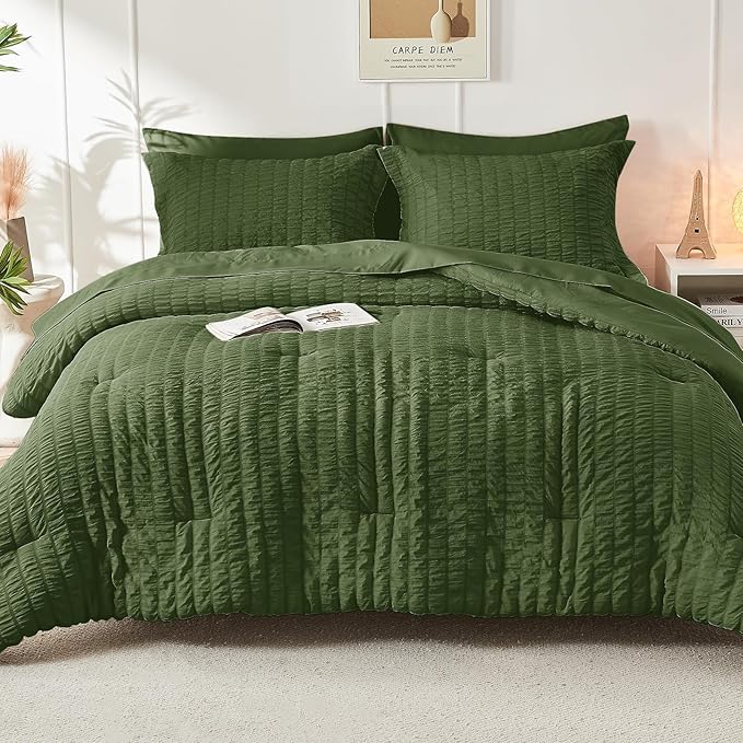 HYMOKEGE Olive Green Queen Comforter Set Seersucker 7 Pieces, All Season Luxury Bed in a Bag Queen for Bedroom, Bedding Set with Comforter, Sheets, Pillowcases & Shams