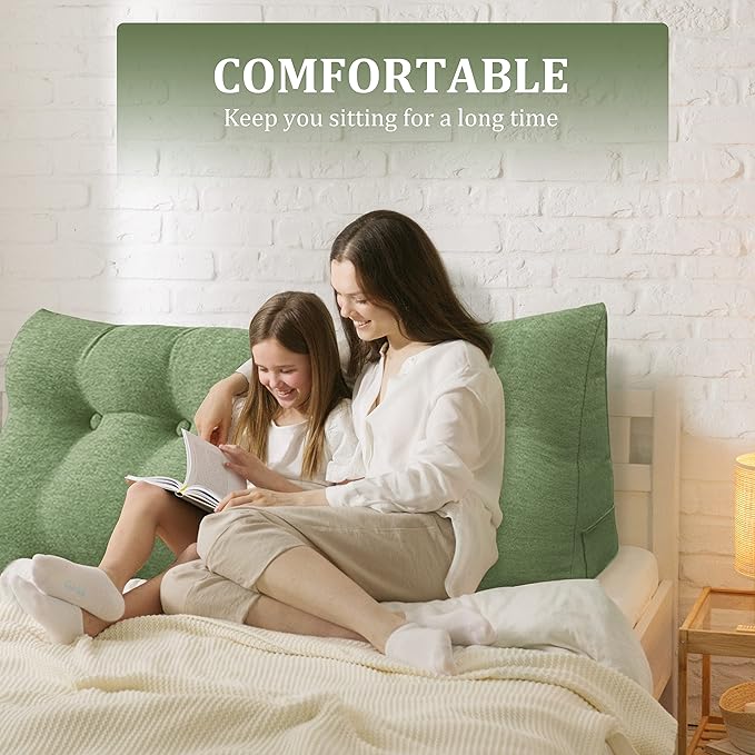 11 lbs Thickened Headboard Pillow Wedge Pillow Headboard Reading Pillow Bed for Comfortable Backrest Reading Triangular Pillow with Side Pocket for Sitting in Bed Cotton Linen Green Queen