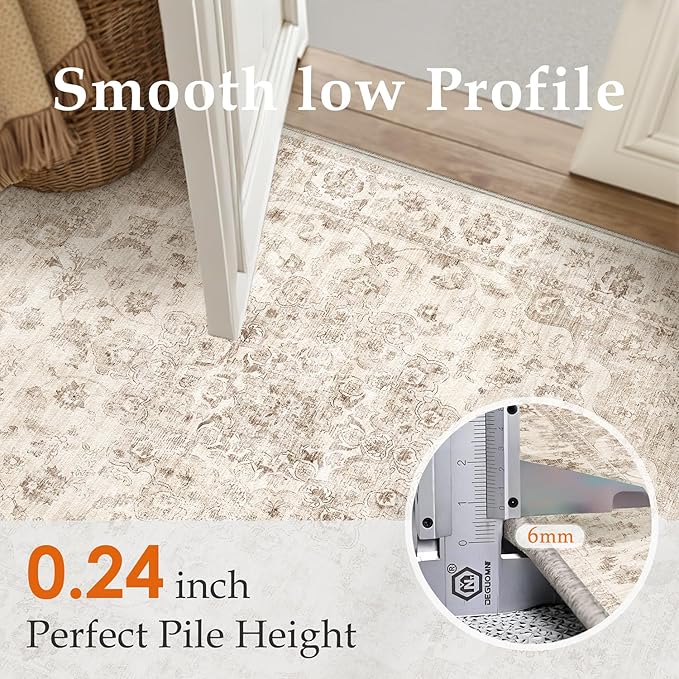 4x4 Washable Neutral Round Rug Beige Vintage Entryway Kitchen Cirlce Rug Non-Slip Soft Low Pile Floral Indoor Carpet for Entrance Bathroom Dining Room