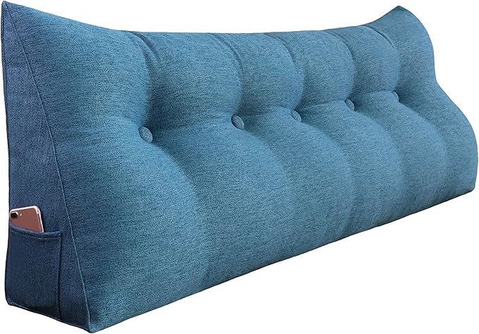 11 lbs Thickened Headboard Pillow Wedge Pillow Headboard Reading Pillow Bed for Comfortable Backrest Reading Triangular Pillow with Side Pocket for Sitting in Bed Cotton Linen Blue Queen