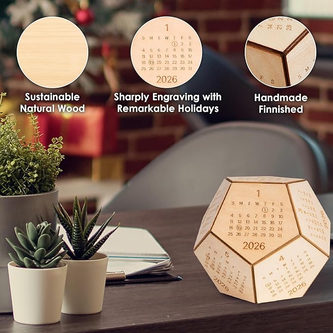 2026 Desk Calendar Wood Dodecahedron, DnD Gifts for Men, Funny Office Gifts for Coworkers, Unique Mens Desk Accessories, New Year Gift Ideas for Boss Male, Employee, White Elephant Exchange