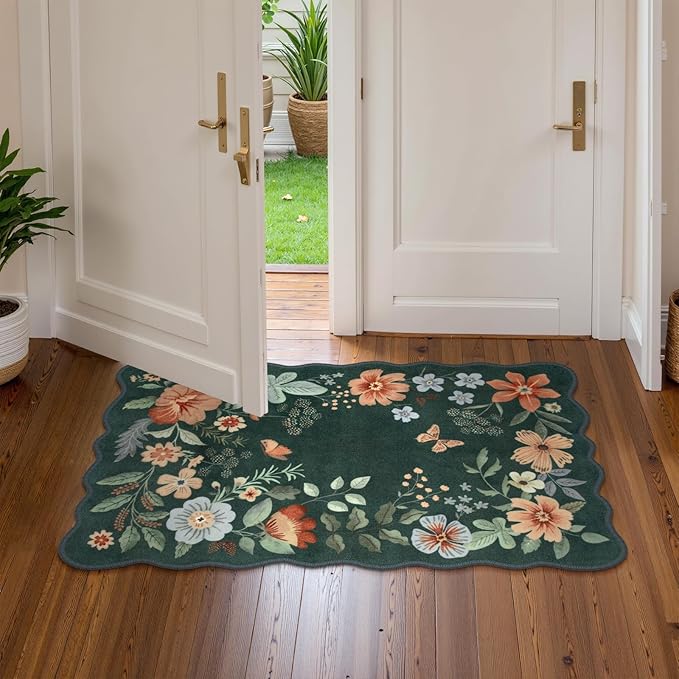 Lahome Floral Green Rugs for Entryway, 2X3 Washable Kitchen Rugs Non Slip Soft Rug, Ultra-Thin Indoor Door Mat Stain Resistant Boho Small Throw Carpet for Bathroom Bedroom(2x3ft, Dark Green)