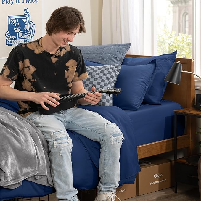 Bare Home Bed-in-A-Bag 5 Piece Comforter & Sheet Set - Twin XL - Goose Down Alternative - Ultra-Soft 1800 Premium Bedding Set (Twin XL, Dark Blue/Dark Blue)