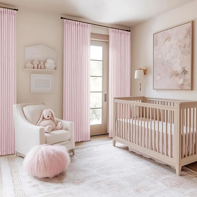 Baby Pink Linen Pinch Pleated Curtains 96 Inch Length 2 Panels for Girls Bedroom Nursery Soft Thick Linen Window Curtains 96 Inches Long Semi Sheer Light Filtering for Living Room Blush Dusty Pink