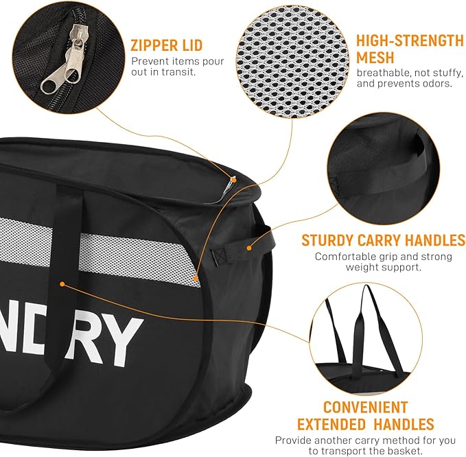 Collapsible Laundry Baskets with Lid, Foldable Clothes Hamper with Reinforced Handles, Sturdy Pop Up Hampers for Laundry, Tear Proof & Easy to Carry Laundry Hamper for Home, Dorm, Travel Black