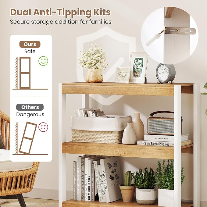 Giantex 3 Tier Bookshelf, Freestanding Wooden Bookcase with Dual Anti-Tipping Kits, Open Display Rack Shelving Unit, Storage Organizer for Living Room, Bedroom & Study (1,Natural & White)