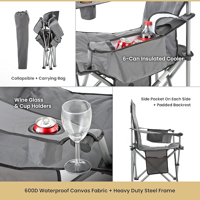 ARROWHEAD OUTDOOR Portable Heated Folding Camping Chair w/ 6-Can Cooler, 3 Heat Settings, Cup & Wine Glass Holder, Heavy-Duty Carrying Bag, Padded Armrests, Battery NOT Included, Supports up to 330lbs