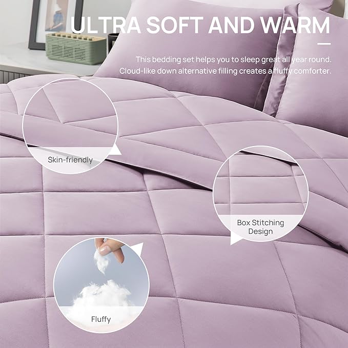 Love's cabin King Size Comforter Set Light Purple, 7 Pieces King Bed in a Bag, All Season Bedding Sets with 1 Comforter, 1 Flat Sheet, 1 Fitted Sheet, 2 Pillowcase and 2 Pillow Sham