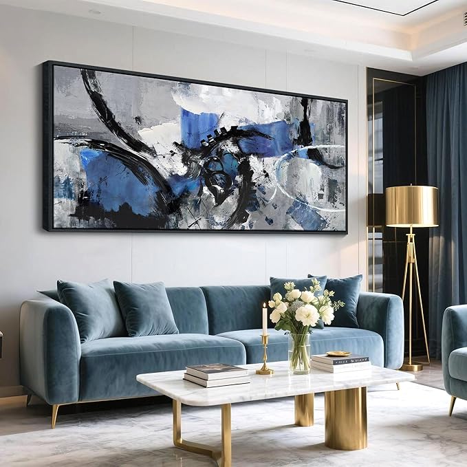 Blue Abstract Wall Art - Canvas Wall Art in Blue and Black Framed Gray Artwork for Living Room, Bedroom and Office Decorations for Work - Modern Wall Decor and Pictures