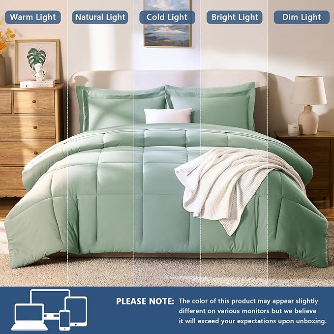 CozyLux Full Size Comforter Sets Sage Green - 7 Pieces Bed in a Bag Full, Oeko-Tex Certified Bed Set, All Season Soft Bedding Set with Down Alternative Comforter, Sheets, Pillowcases & Pillow Shams