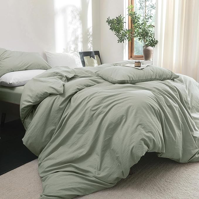 FOSSA Duvet Cover Set 100% Washed Cotton Linen Feel Super Soft Breathable Cozy 3 Pieces Bedding Sets Solid Sage Green Oversized King