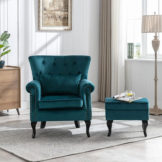Accent Chairs with Ottoman Set of 2 Velvet Wingback Club Chair Upholstered Reading Chair Lounge Chairs with Wood Legs/Button Tufted Back for Bedroom Living Room, Teal Blue