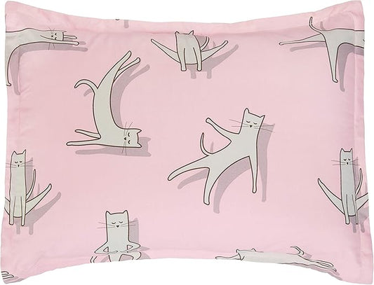 Amazon Basics Kid's Easy Care Microfiber Bed-in-a-Bag 5-Piece Bedding Set, Twin, Pink Cats, Animal Printed