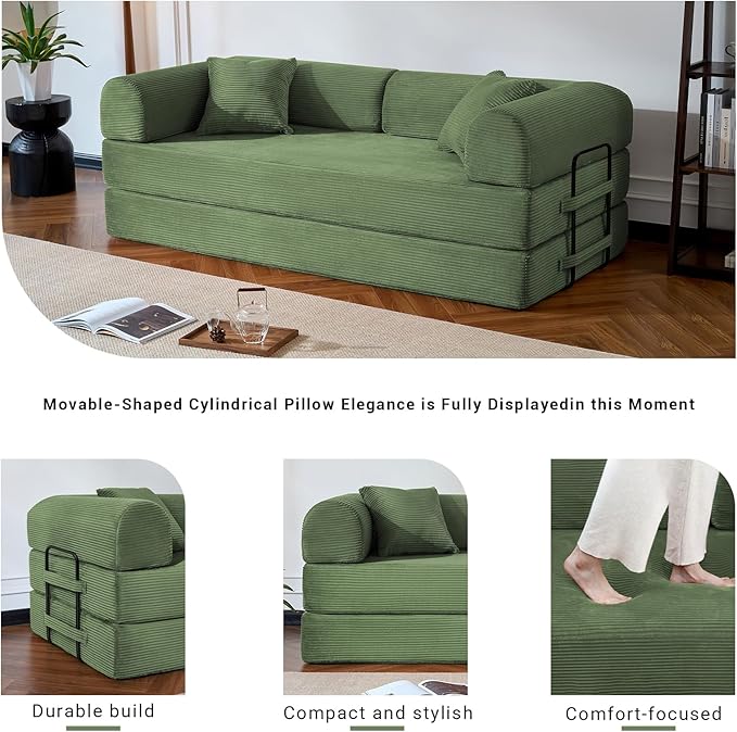 Compressed Sofa, Convertible Sofa Bed, Corduroy Compression Boneless Couch with Pillow, Comfy Modular Foldable Floor Sleeper Sofa for Bedroom, Living Room, Lounge, Studio (Olive Green)