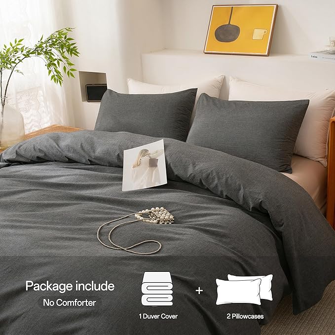 ECOCOTT Duvet Cover Set, 100% Washed Cotton Linen-Like Textured Soft & Breathable, Durable Comfy Bedding Set for All Seasons (Grey, Full)