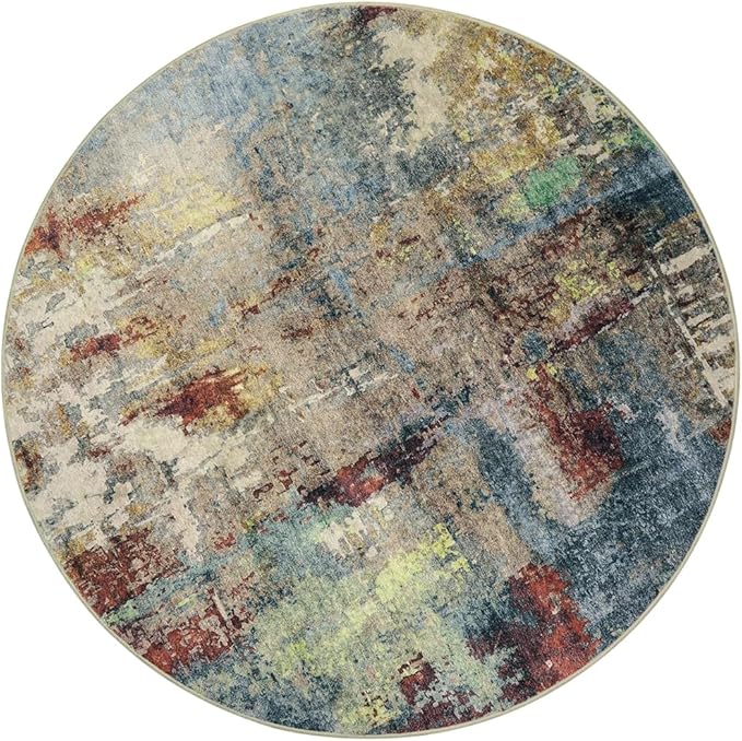 Lahome Modern Abstract Round Rug - 3Ft Small Red Washable Kitchen Round Area Rug Bedroom Circle Mat, Soft Low Pile Non Slip Indoor Throw Carpet for Cabinet Bathroom Living Room Office