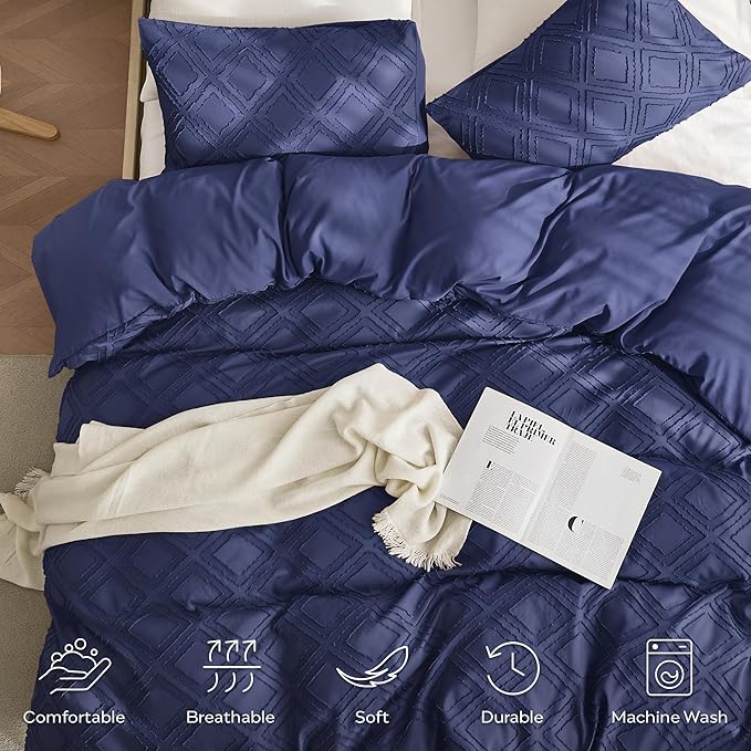 JELLYMONI Duvet Cover King Size Navy Blue - 3PCS Boho Duvet Cover Set Plaid Polyester Tufted Bohemian Jacquard Knit Textured Comforter Cover 104×90in Rhombic Geometric Pattern Zipper Corner Tie