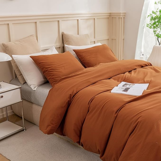 ECOCOTT 100% Washed Cotton Duvet Cover Twin Size – Soft & Breathable Linen Feel Bedding Set, 3 Pieces Brown Comforter Cover with Zipper Closure for All Seasons