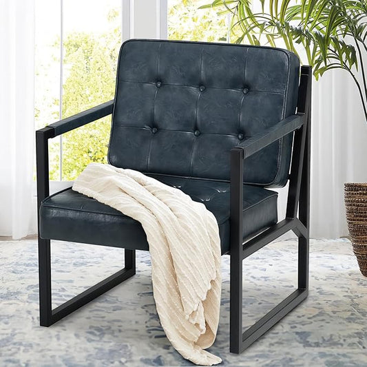 COLAMY Modern Accent Chair, Accent Arm Chair for Living Room, Comfy Leather Armchair with Metal Legs for Bedroom Reception Waiting Room, Blue