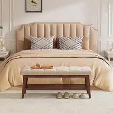 LEILISI Entryway Shoe Bench with Storage, End of Bed Bench, Linen Upholstered Button-Tufted Seat Bench with Solid Wood Frame for Living Room, Bedroom (Beige, 43.3'')