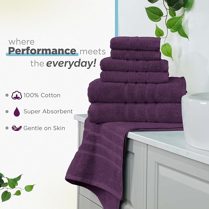Martex 6-Piece Towel Set – Ultimate Performance – 100% Cotton – 2 Bath Towels – 2 Hand Towels – 2 Wash Cloths – Versatile – Low-Linting – Supersoft & Absorbent Bathroom Set – Easy Care – Dark Purple