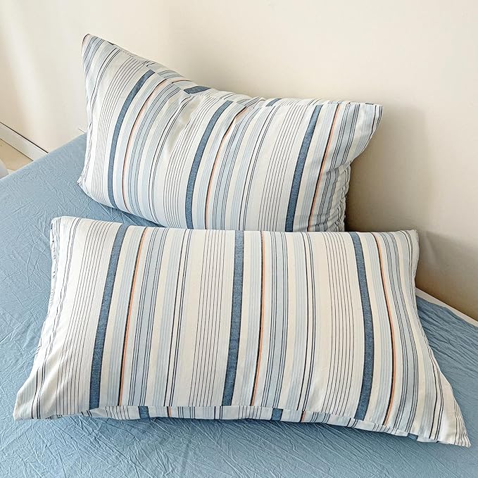 VM VOUGEMARKET Striped Duvet Cover Set 100% Washed Cotton Linen Like Textured Breathable Durable Soft Comfy Bedding Set (Blue Stripes, King 104"x90")